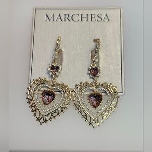 NWT Marchesa Gold-Tone Pink Heart Double Drop Earrings